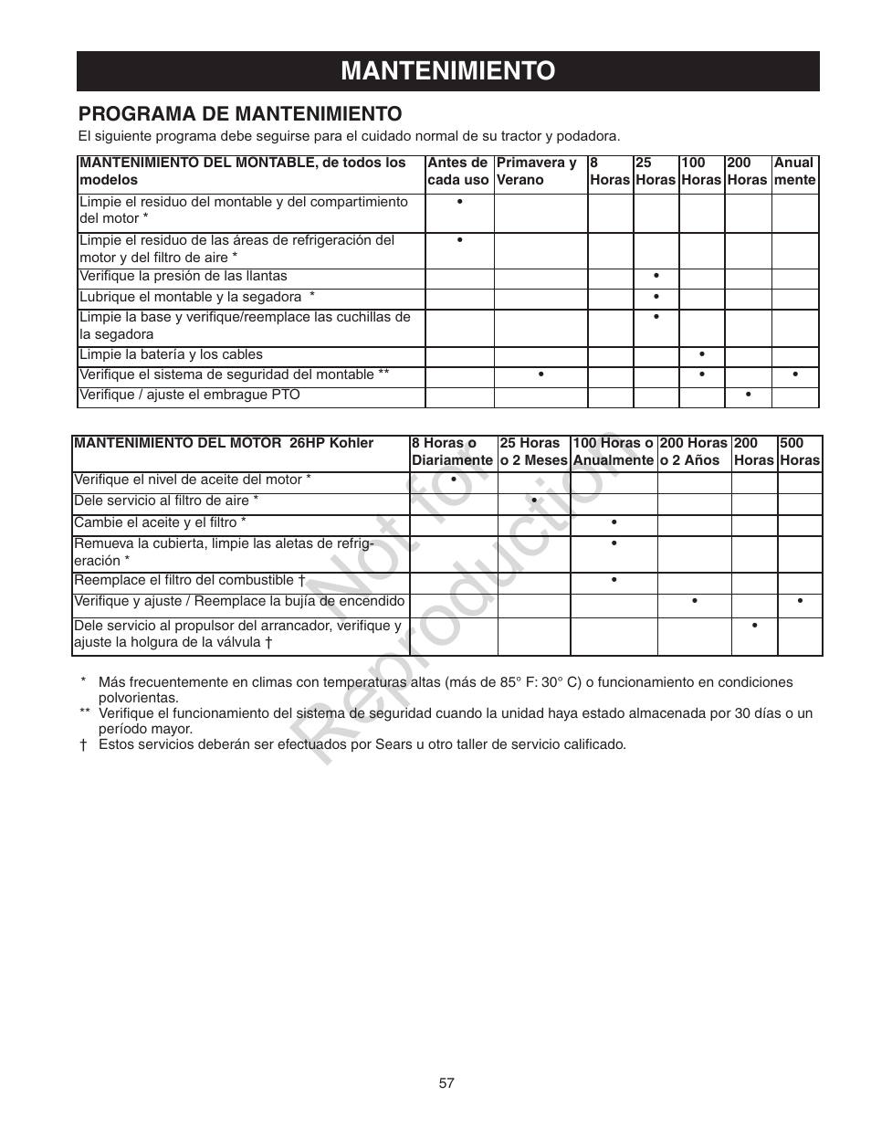 Not for reproduction, Mantenimiento | Craftsman 107.28993 User Manual | Page 57 / 112