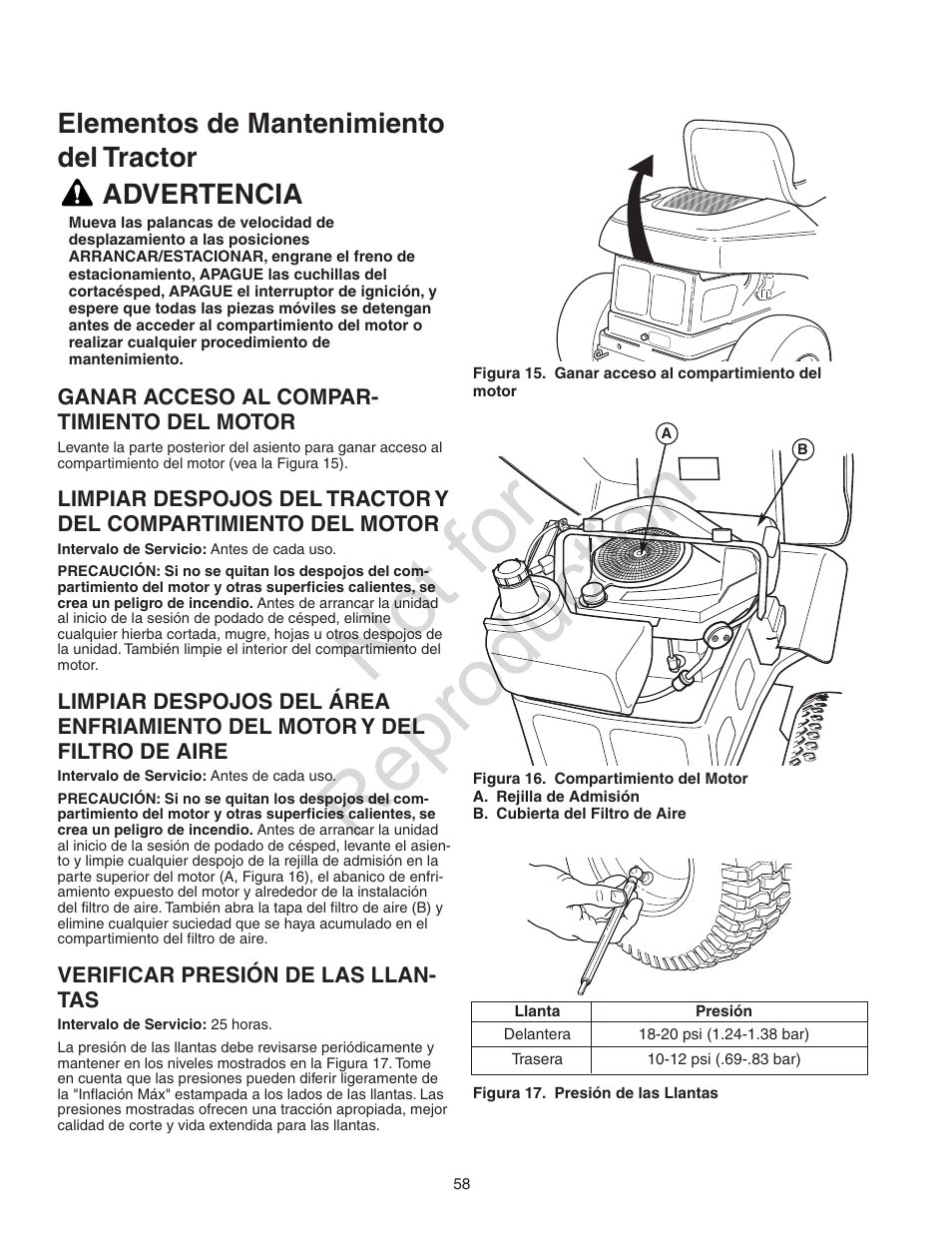 Not for reproduction, Elementos de mantenimiento del tractor, Advertencia | Craftsman 107.28993 User Manual | Page 58 / 112