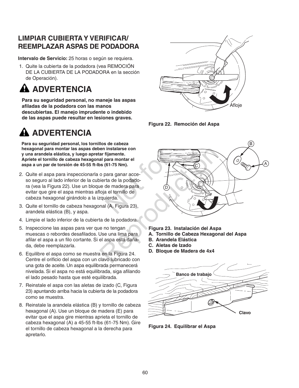 Not for reproduction, Advertencia | Craftsman 107.28993 User Manual | Page 60 / 112