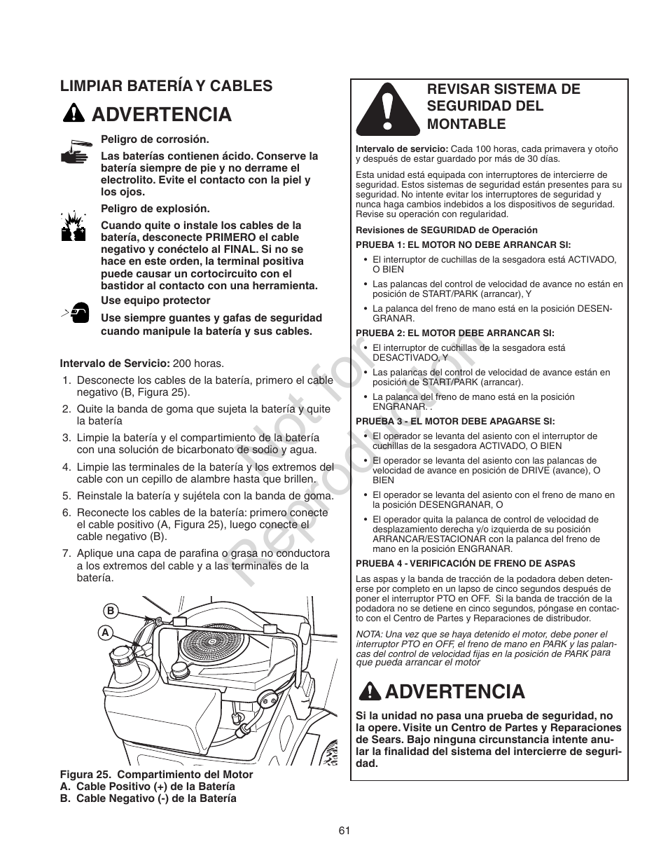 Not for reproduction, Advertencia | Craftsman 107.28993 User Manual | Page 61 / 112