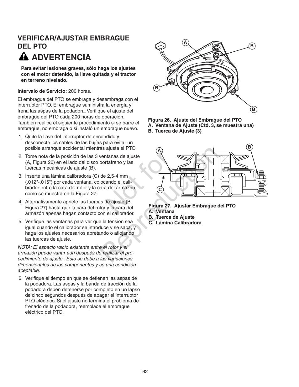 Not for reproduction, Advertencia | Craftsman 107.28993 User Manual | Page 62 / 112