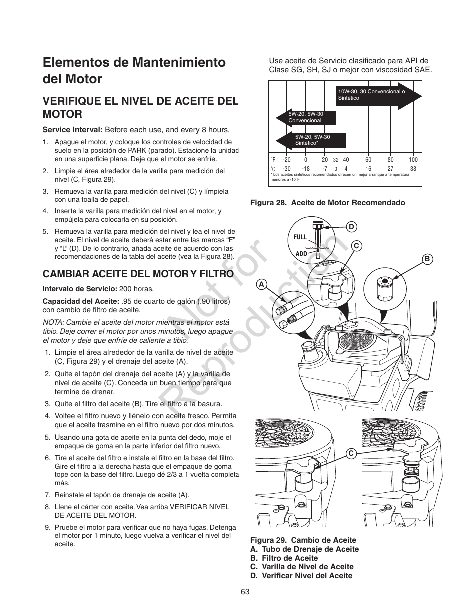 Not for reproduction, Elementos de mantenimiento del motor, Verifique el nivel de aceite del motor | Cambiar aceite del motor y filtro | Craftsman 107.28993 User Manual | Page 63 / 112