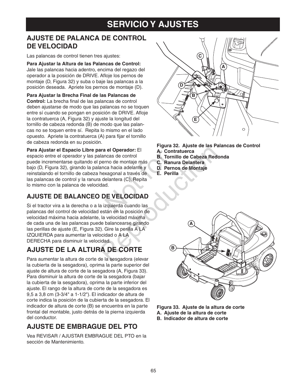 Not for reproduction, Servicio y ajustes | Craftsman 107.28993 User Manual | Page 65 / 112