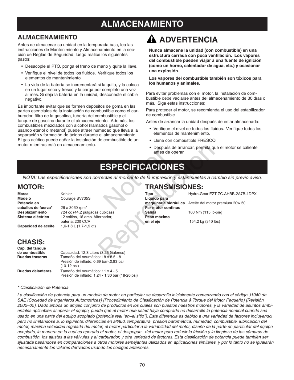 Not for reproduction, Almacenamiento, Especificaciones | Advertencia, Motor, Transmisiones, Chasis | Craftsman 107.28993 User Manual | Page 70 / 112
