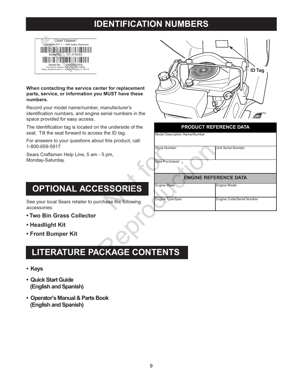 Not for reproduction, Literature package contents optional accessories, Identification numbers | Craftsman 107.28993 User Manual | Page 9 / 112