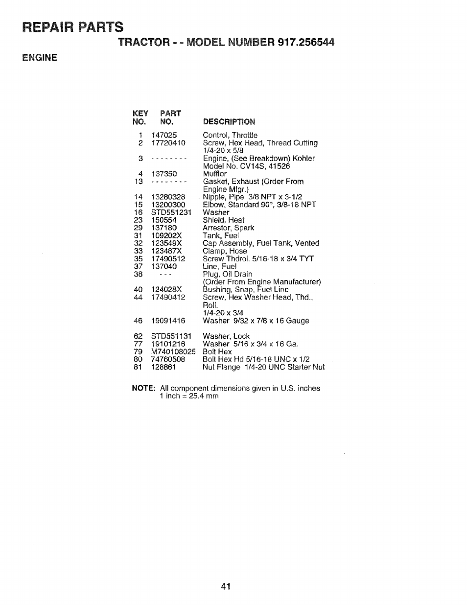Repair parts, Engine | Craftsman 917.256544 User Manual | Page 41 / 56