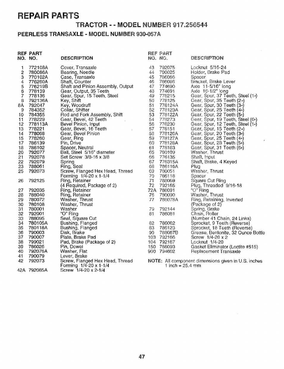 Repair parts | Craftsman 917.256544 User Manual | Page 47 / 56