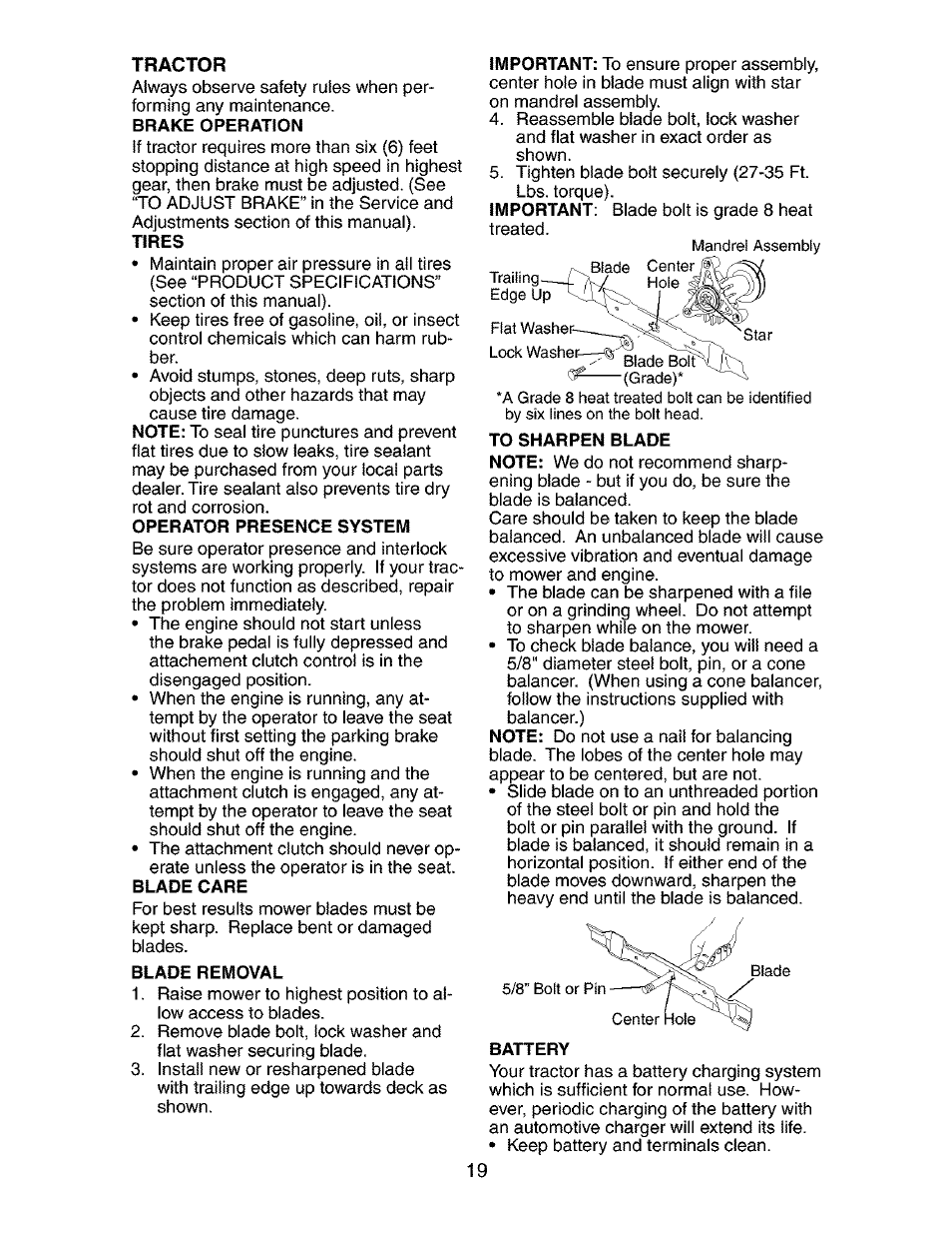 Tractor, Operator presence system, Blade care | Blade removal, Battery | Craftsman 917.272762 User Manual | Page 19 / 56