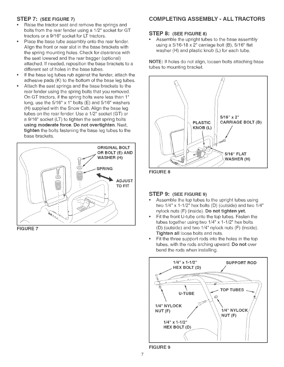 Step 7, Completing assembly ^ all tractors steps, Step 9 | Craftsman 486.24276 User Manual | Page 7 / 12