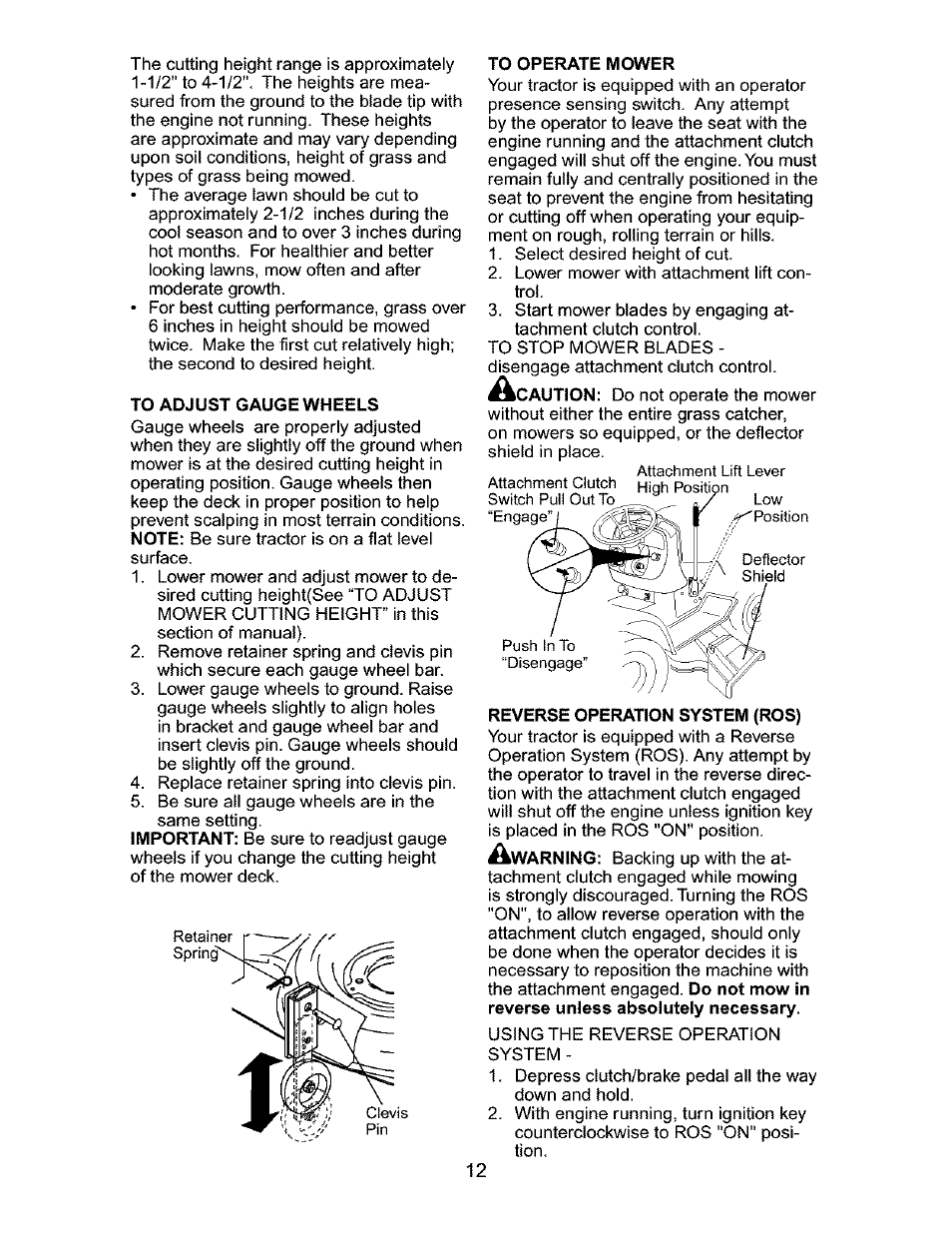 To adjust gauge wheels, To operate mower, Operation system (ros) | Craftsman 917.276310 User Manual | Page 12 / 56