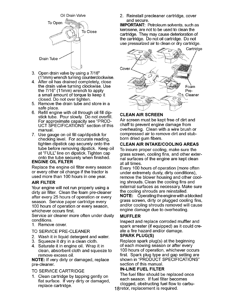 Clean air intake/cooling areas, Spark plu6(s) | Craftsman 917.276310 User Manual | Page 18 / 56