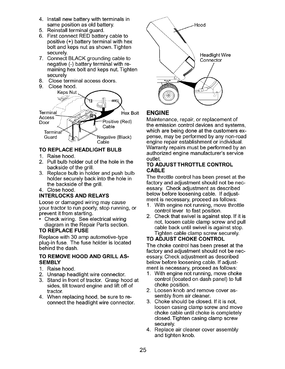To remove hood and grill as- 5embly, Engine, To adjust throttle control cable | Craftsman 917.276310 User Manual | Page 25 / 56