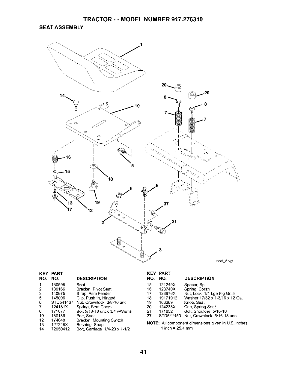 Seat assembly | Craftsman 917.276310 User Manual | Page 41 / 56