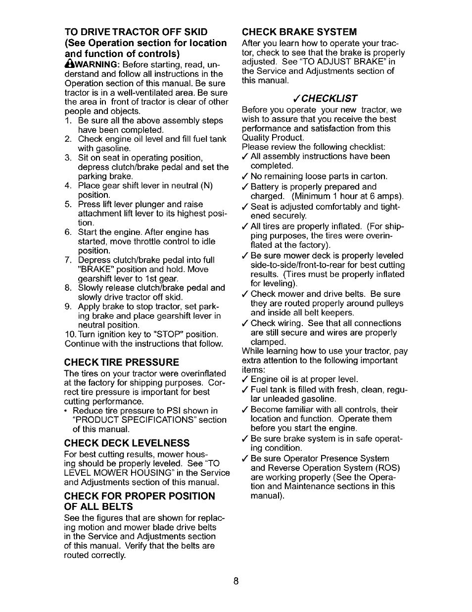 Check tire pressure, Check deck levelness, Check for proper position of all belts | Check brake system | Craftsman 917.276310 User Manual | Page 8 / 56