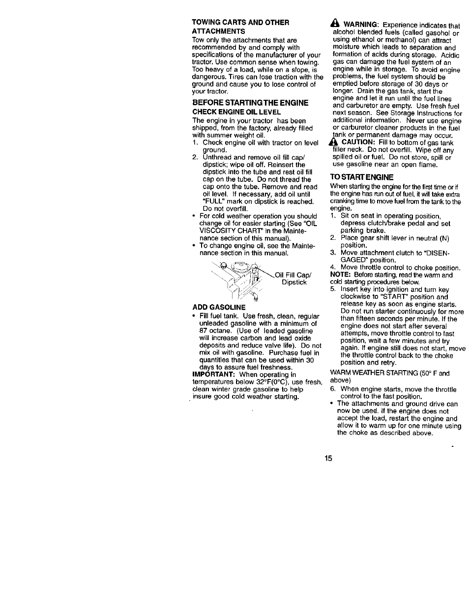 Towing carts and other attachments, Before startingthe engine check engine oil level, Add gasoline | To start engine | Craftsman 917.272051 User Manual | Page 15 / 60