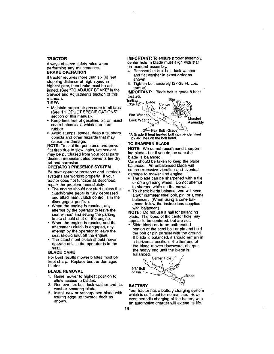 Tires, Operator presence system, Blade care | Blade removal, Tractor | Craftsman 917.272051 User Manual | Page 18 / 60