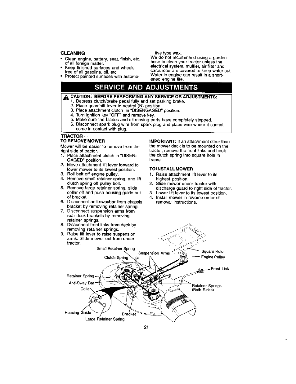 Service and adjustments, Tractor, To remove mower | To install mower | Craftsman 917.272051 User Manual | Page 21 / 60