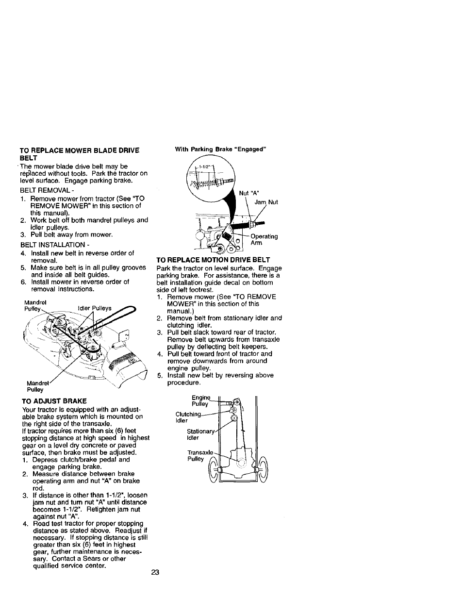 To replace mower blade drive, Belt, To replace motion drive belt | To adjust brake | Craftsman 917.272051 User Manual | Page 23 / 60