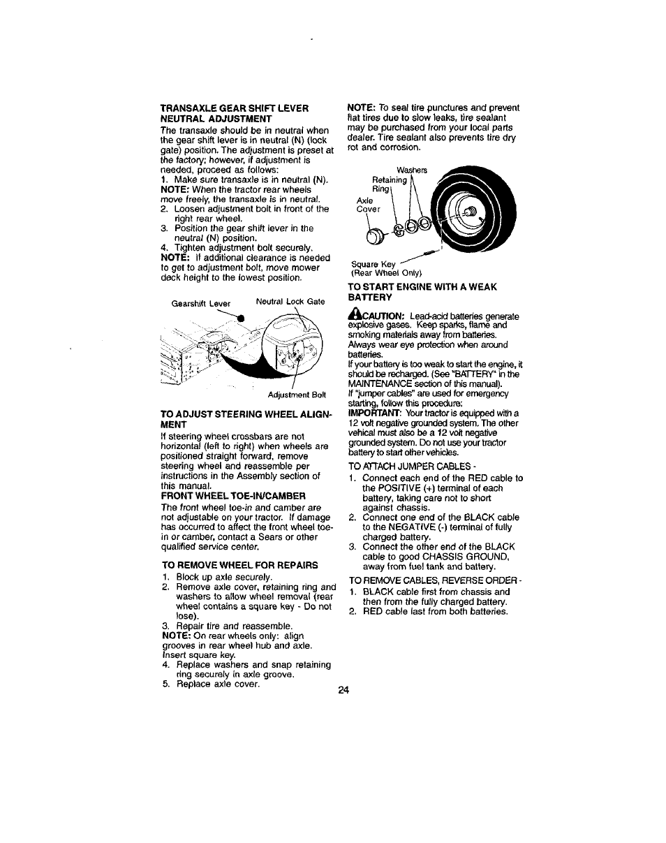 Trans axle gear shift lever neutral adjustment, To adjust steering wheel alignment, Front wheel toe-in/camber | To remove wheel for repairs, To start engine with a weak battery | Craftsman 917.272051 User Manual | Page 24 / 60