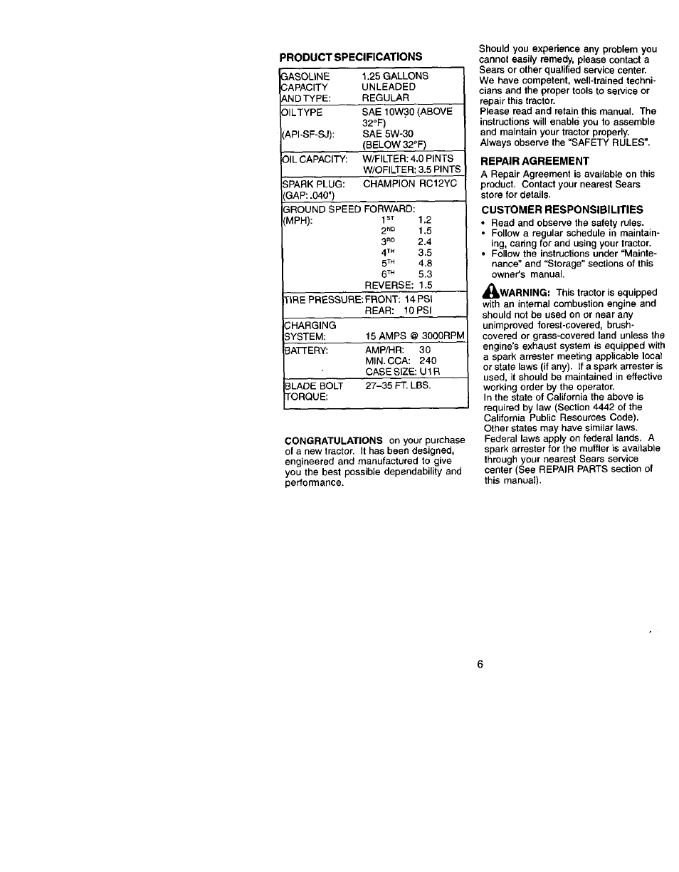 Product specifications, Repair agreement, Customer responsibilities | Craftsman 917.272051 User Manual | Page 6 / 60