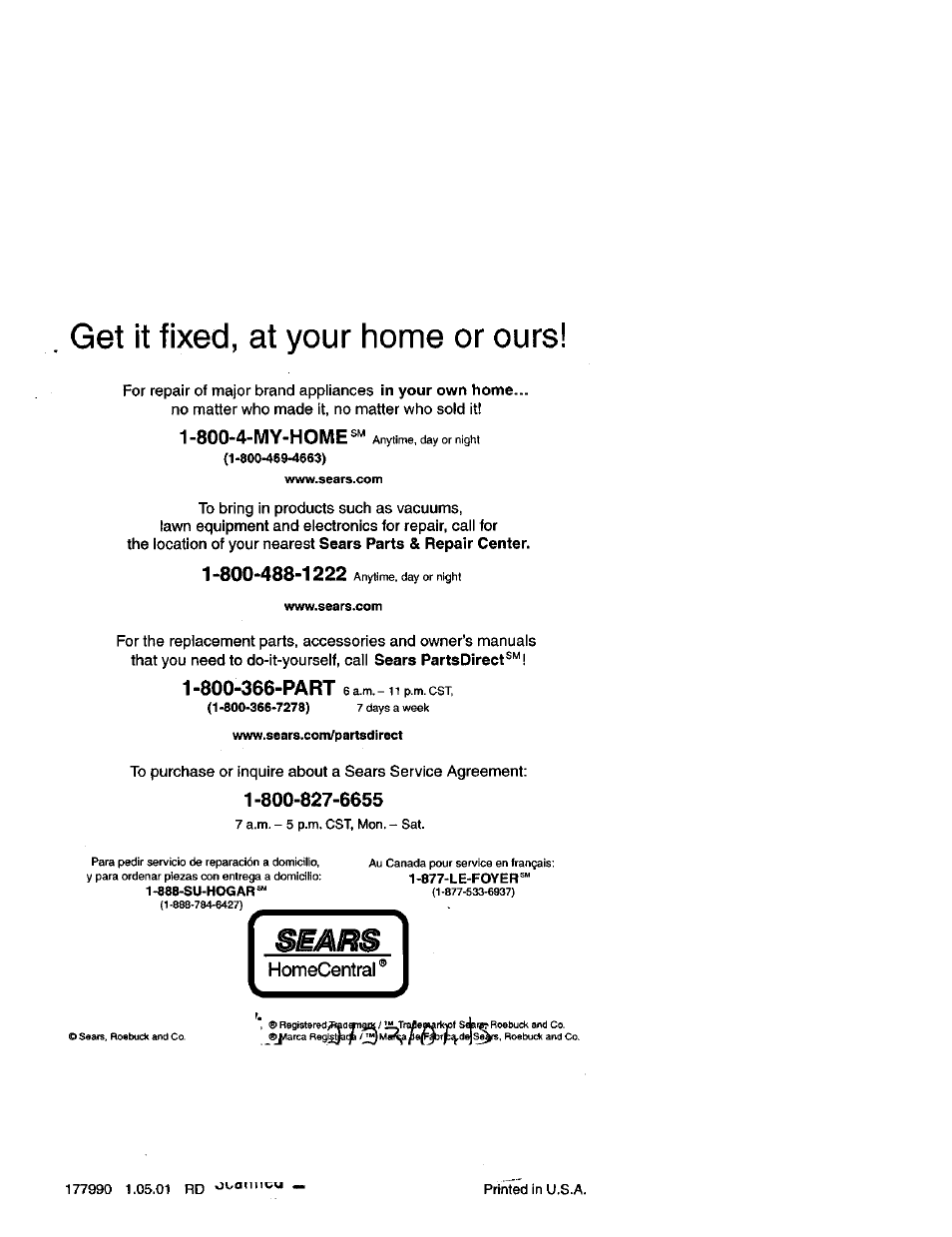 Homecentral, Get it fixed, at your home or ours | Craftsman 917.272051 User Manual | Page 60 / 60