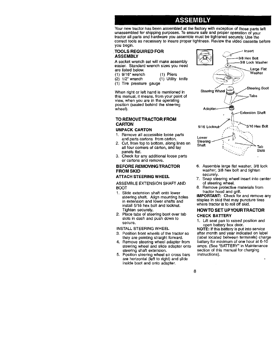 Assembly, Tools required for assembly, Before removing tractor from skid | Howto set up yourtractor | Craftsman 917.272051 User Manual | Page 8 / 60