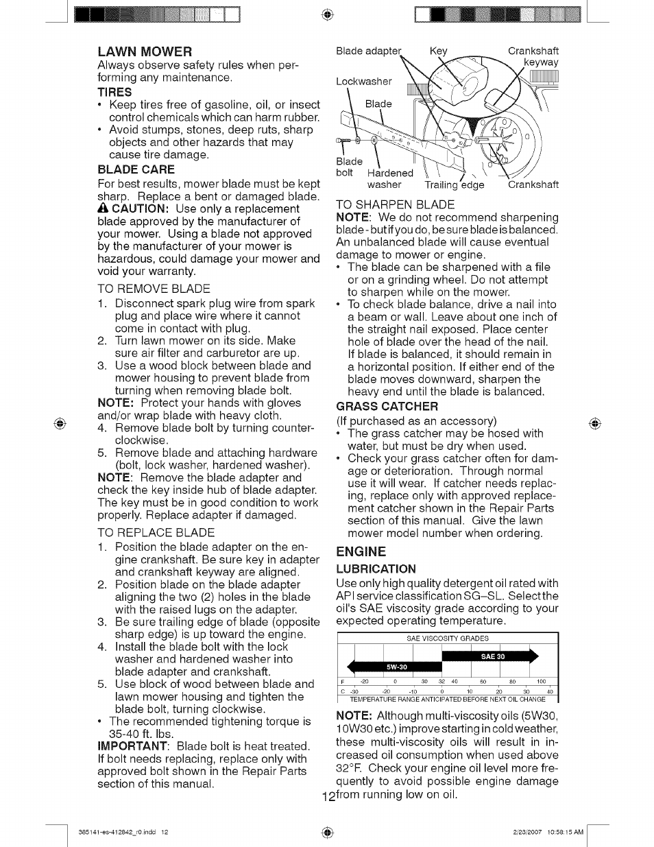 Blade care, Lubrication | Craftsman 917.385141 User Manual | Page 12 / 40