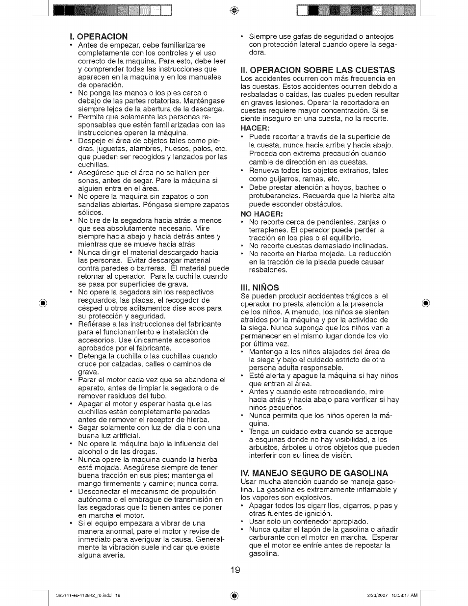 Ii. operacion sobre las cuestas, Iii. niños, Iv. manejo seguro de gasolina | Craftsman 917.385141 User Manual | Page 19 / 40