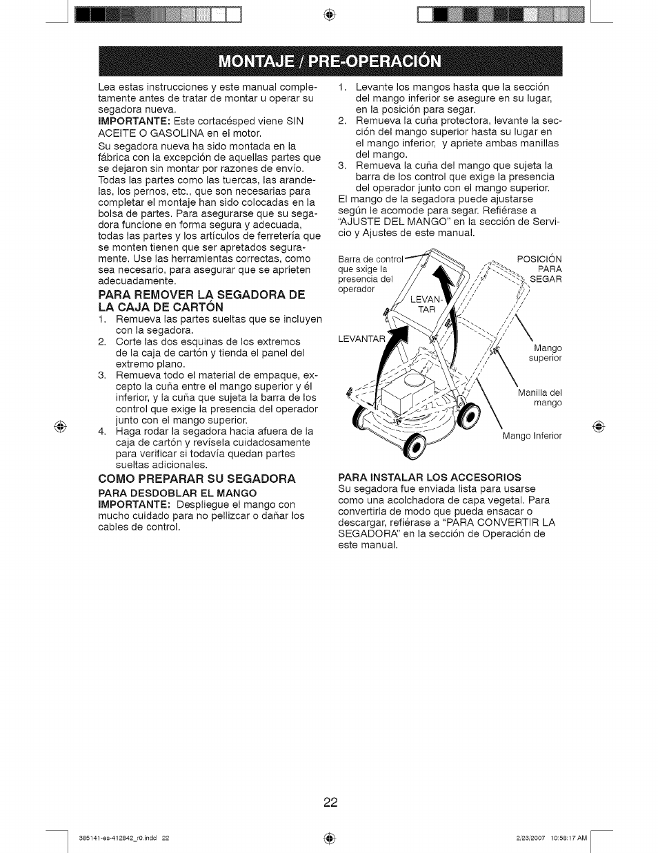 Montaje / pre-operacion, Para remover la segadora de la caja de cartón, Montaje / pre-operación | Craftsman 917.385141 User Manual | Page 22 / 40