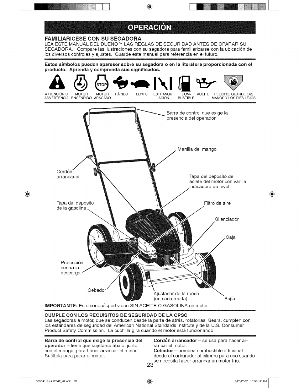 Operacion, Familiaricese con su segadora, A © 0*«*-ж1ч1в | Operación -26, 0*«*-ж1ч1в | Craftsman 917.385141 User Manual | Page 23 / 40