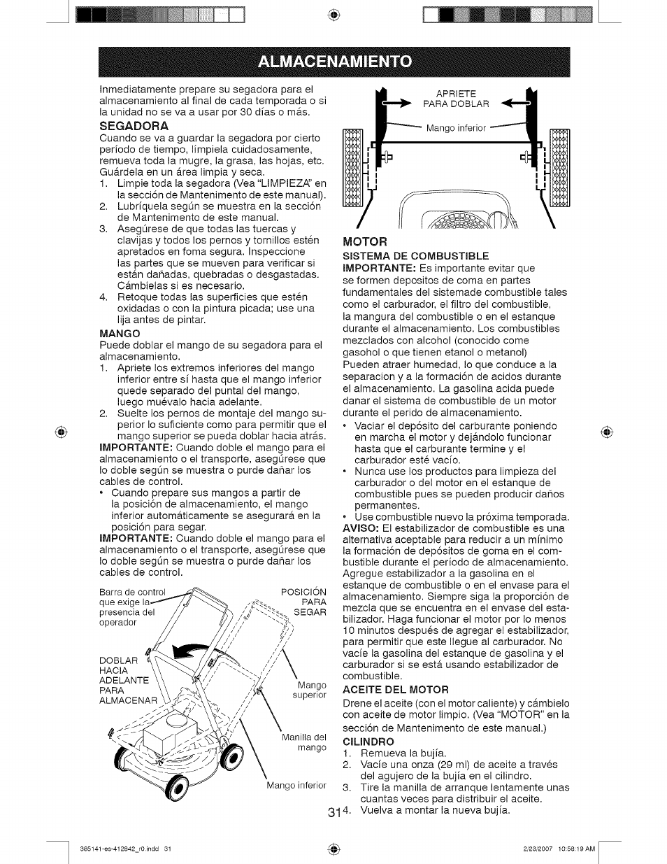 Almacenamiento, Segadora, Motor | Almacenamiento -32 | Craftsman 917.385141 User Manual | Page 31 / 40