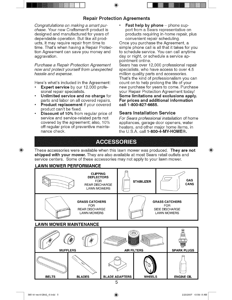 Repair protection agreements, Sears installation service, Lawn mower performance | Craftsman 917.385141 User Manual | Page 5 / 40