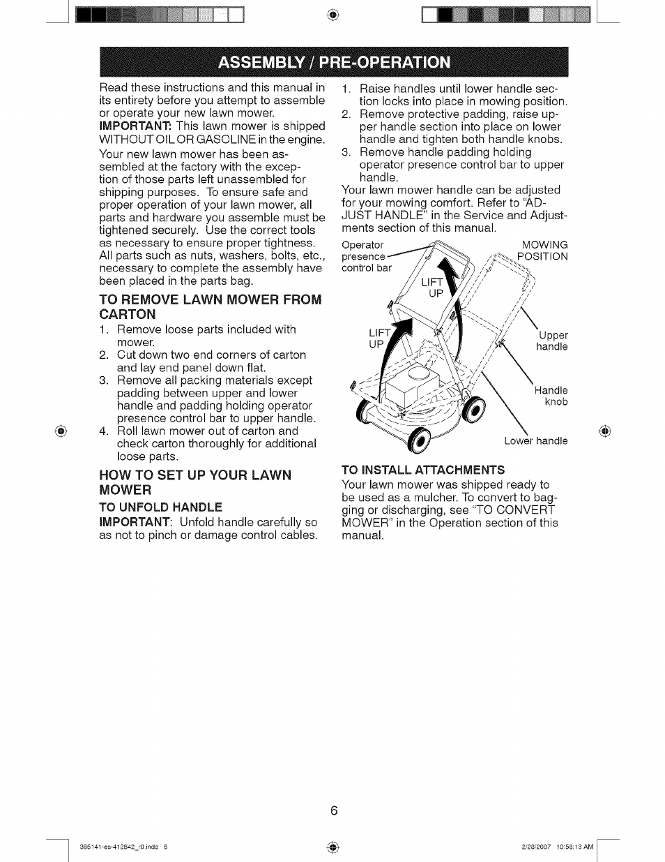Assembly / pre-operation, To remove lawn mower from carton, How to set up your lawn mower | To install attachments | Craftsman 917.385141 User Manual | Page 6 / 40
