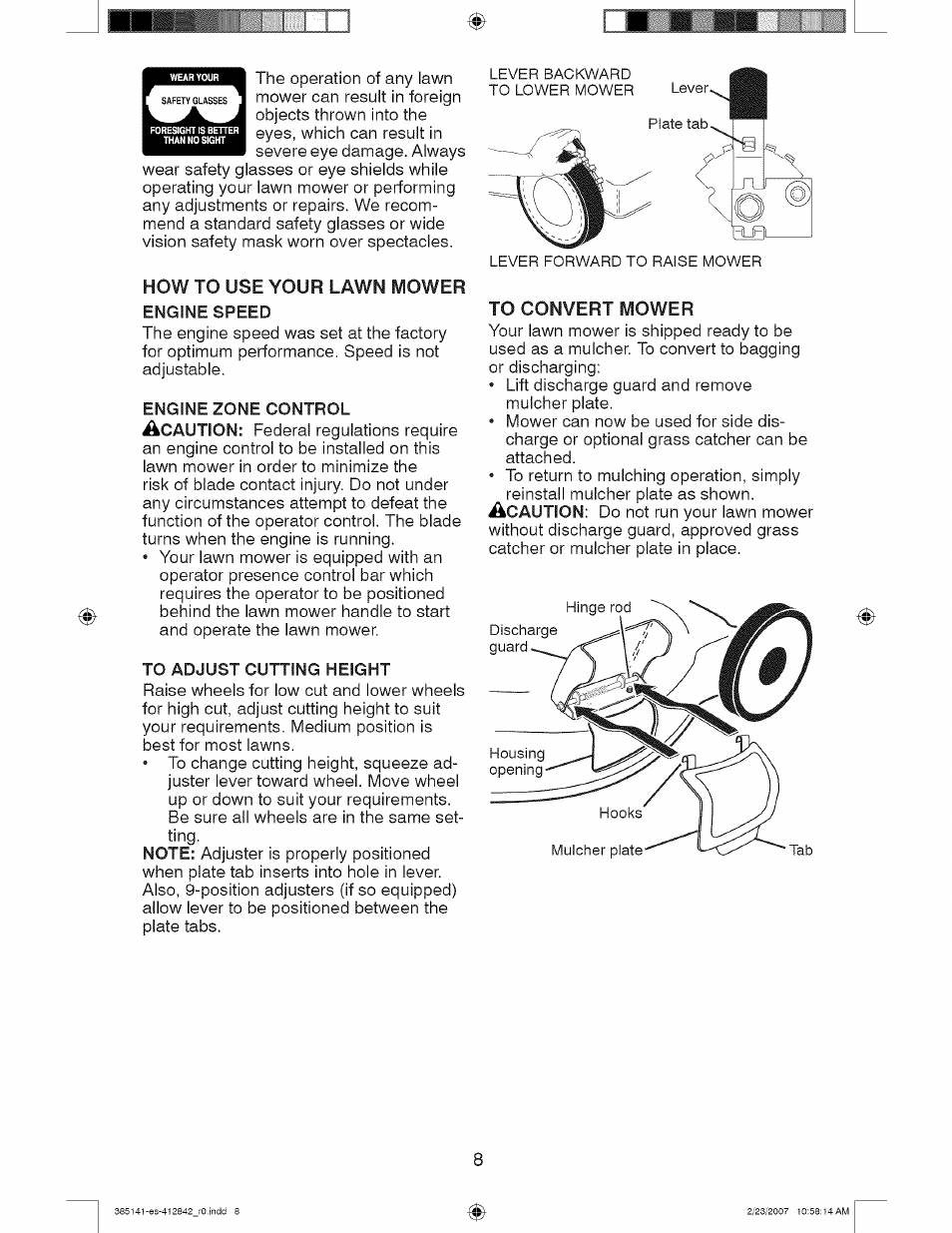 How to use your lawn mower engine speed, To adjust cutting height, To convert mower | Craftsman 917.385141 User Manual | Page 8 / 40