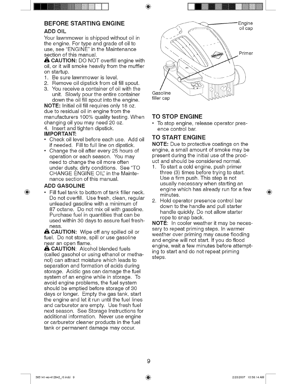 Before starting engine add oil, Add gasoline | Craftsman 917.385141 User Manual | Page 9 / 40