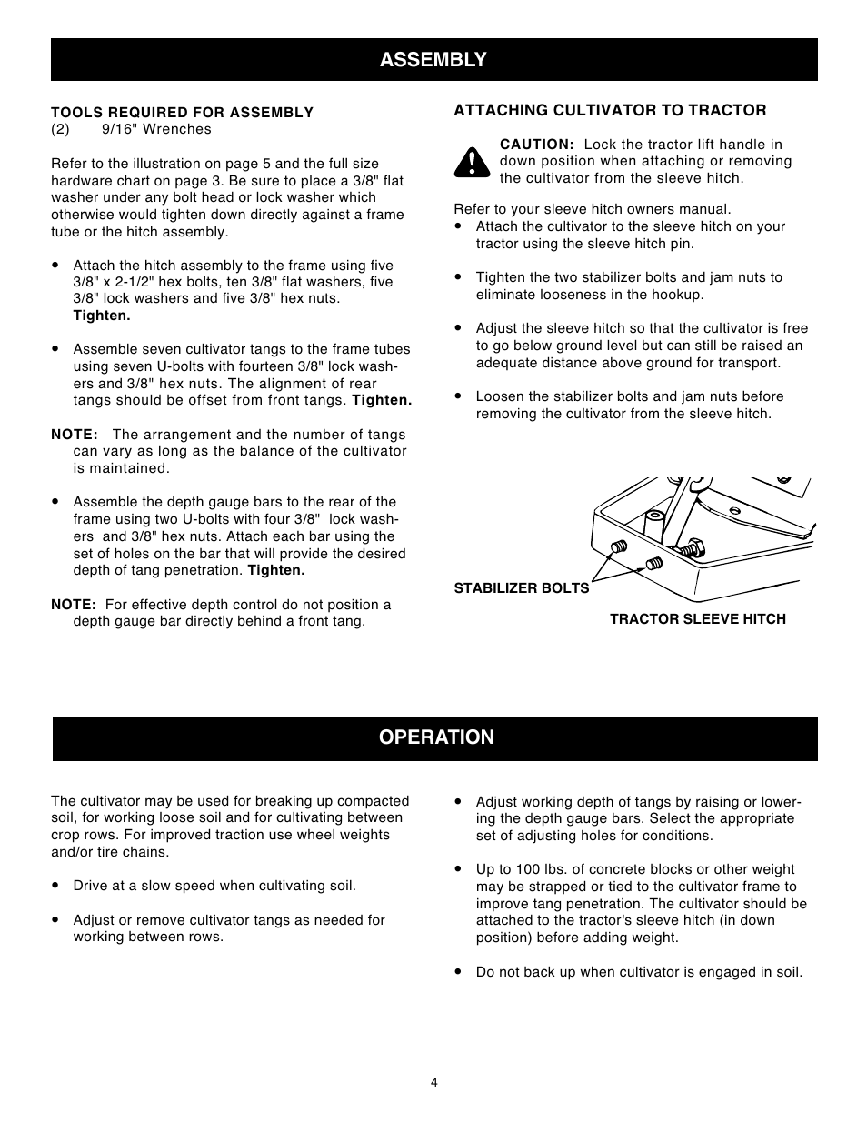 Assembly, Operation | Craftsman ROW CROP CULTIVATOR 486.242051 User Manual | Page 4 / 8