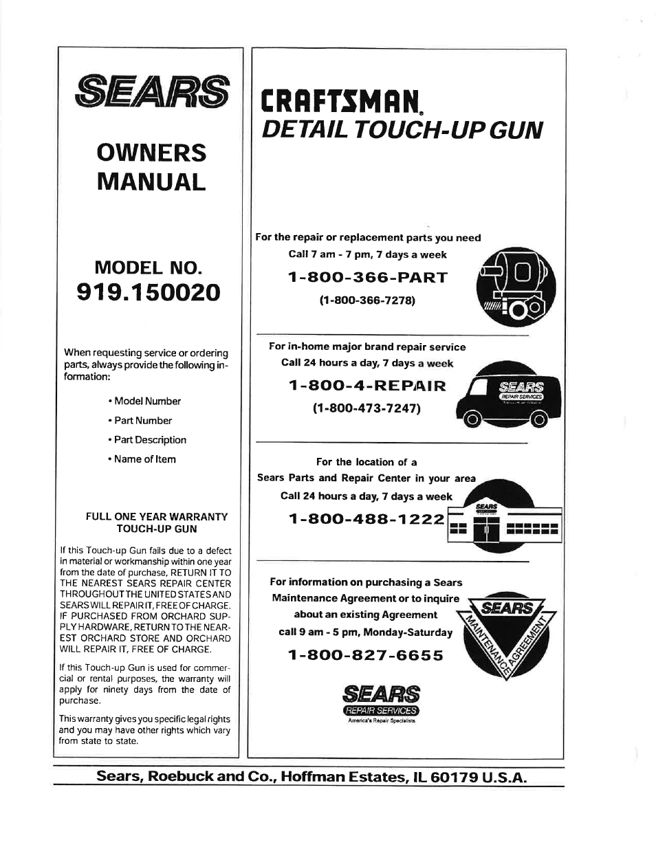 Detail touch-up gun, Owners manual, Crrft5mrn | Model no | Craftsman 919.150020 User Manual | Page 10 / 10