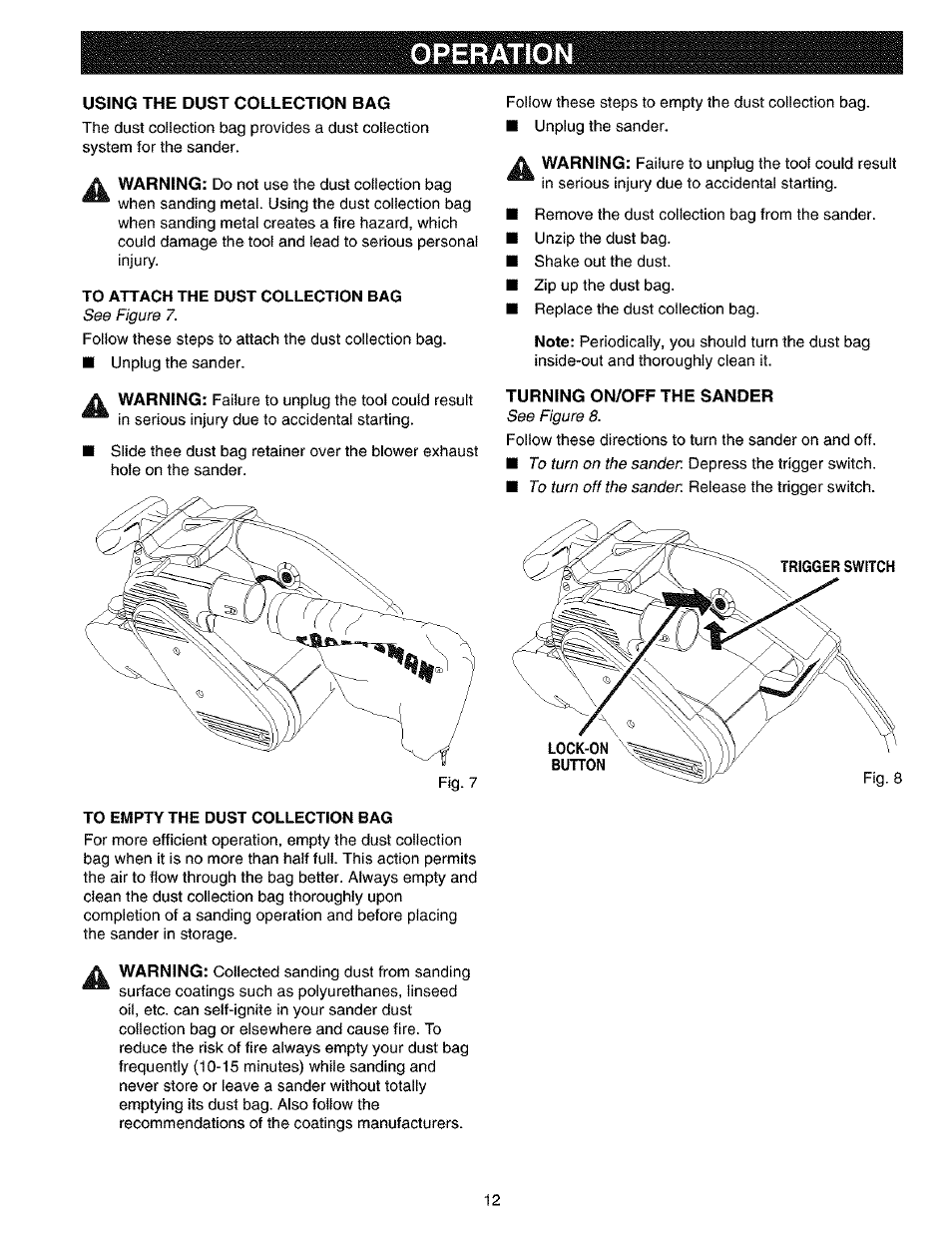 Using the dust collection bag, Turning on/off the sander, Operation | Craftsman 315.117260 User Manual | Page 12 / 18