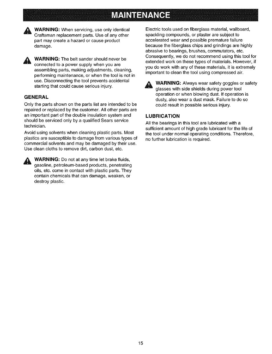 General, Lubrication, Maintenance | Craftsman 315.117260 User Manual | Page 15 / 18