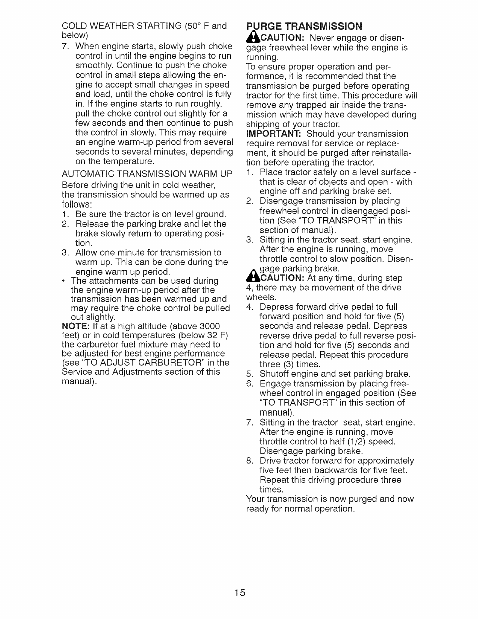 Purge transmission, Important, Aution | Craftsman 917.28927 User Manual | Page 15 / 68