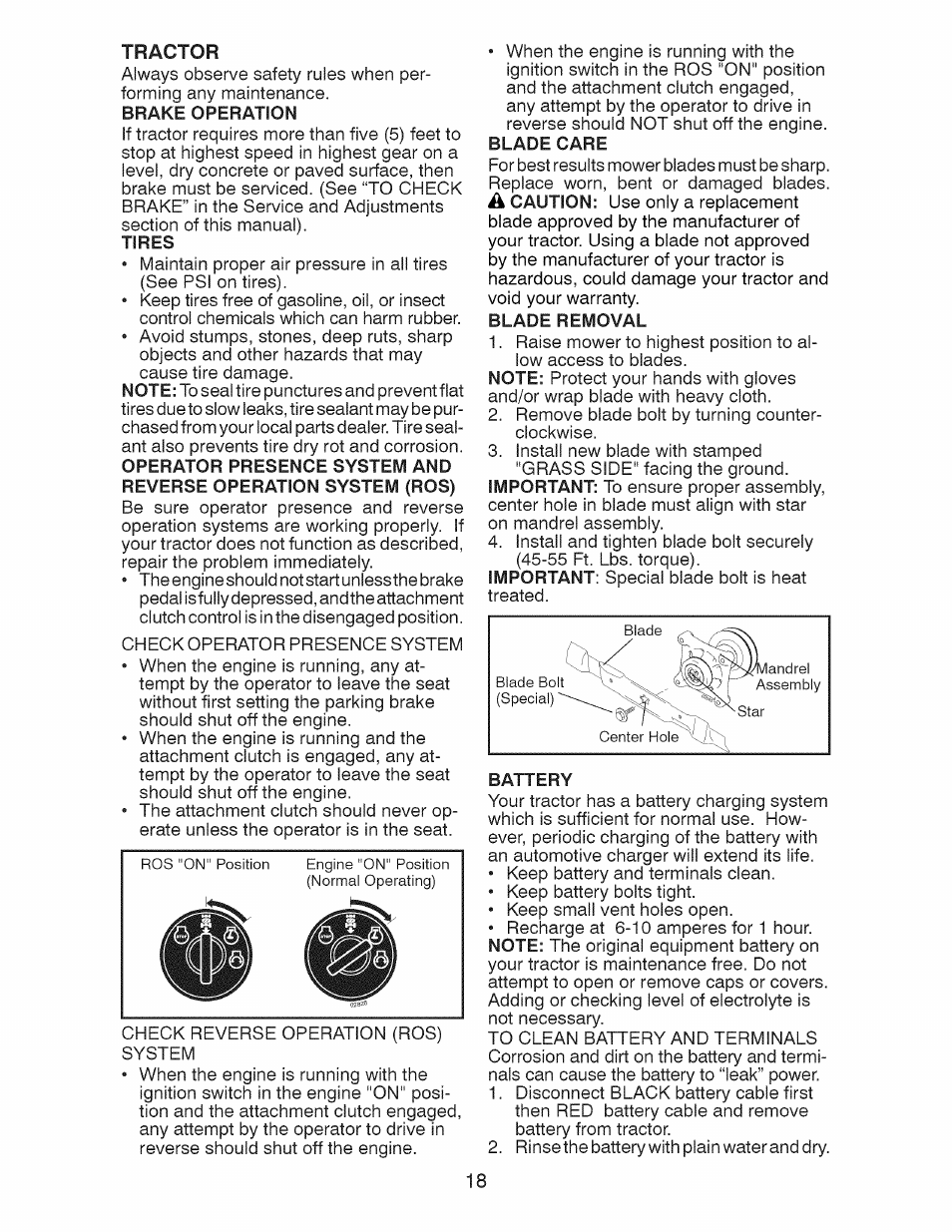 Tires, Blade removal, Battery | Tractor | Craftsman 917.28927 User Manual | Page 18 / 68