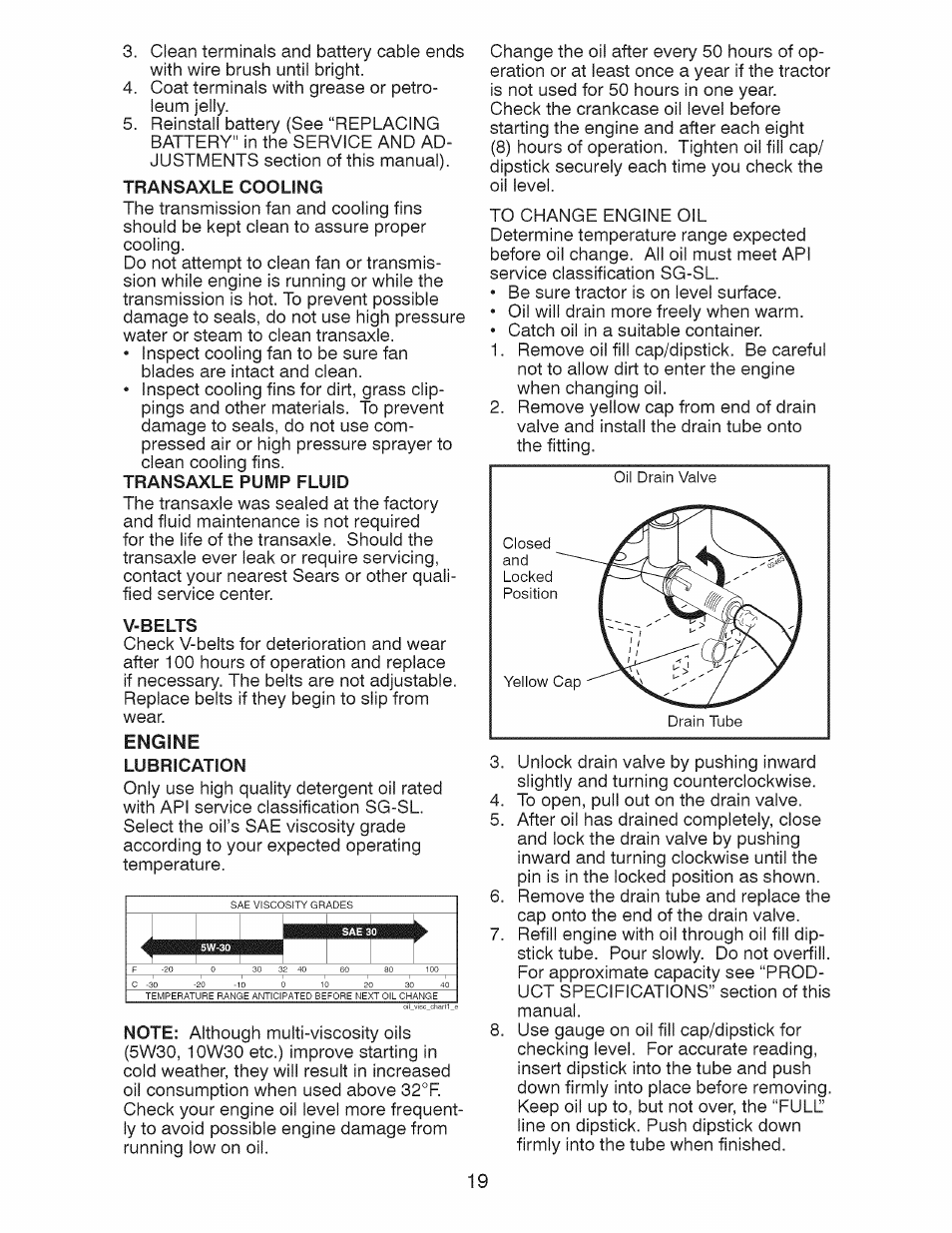 Transaxle cooling, V-belts, Engine | Lubrication, Transaxle pump fluid | Craftsman 917.28927 User Manual | Page 19 / 68