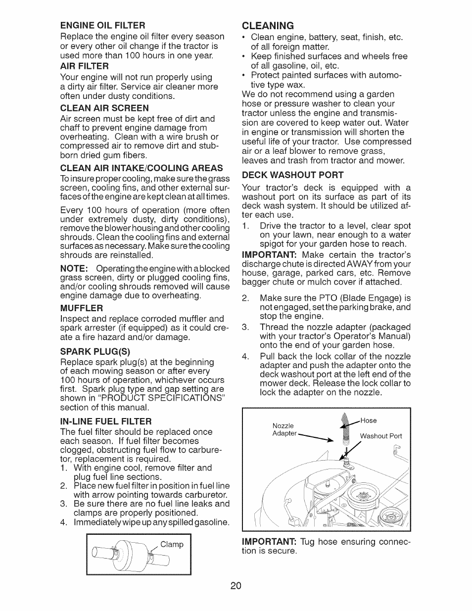 Engine oil filter, Air filter, Clean air screen | Clean air intake/cooling areas, Muffler, Spark plug(s), In-line fuel filter, Cleaning, Deck washout port, Important | Craftsman 917.28927 User Manual | Page 20 / 68