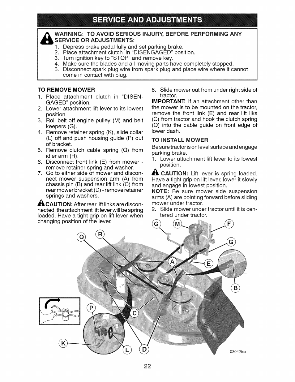 To remove mower, To install mower, Service and adjustments | Craftsman 917.28927 User Manual | Page 22 / 68