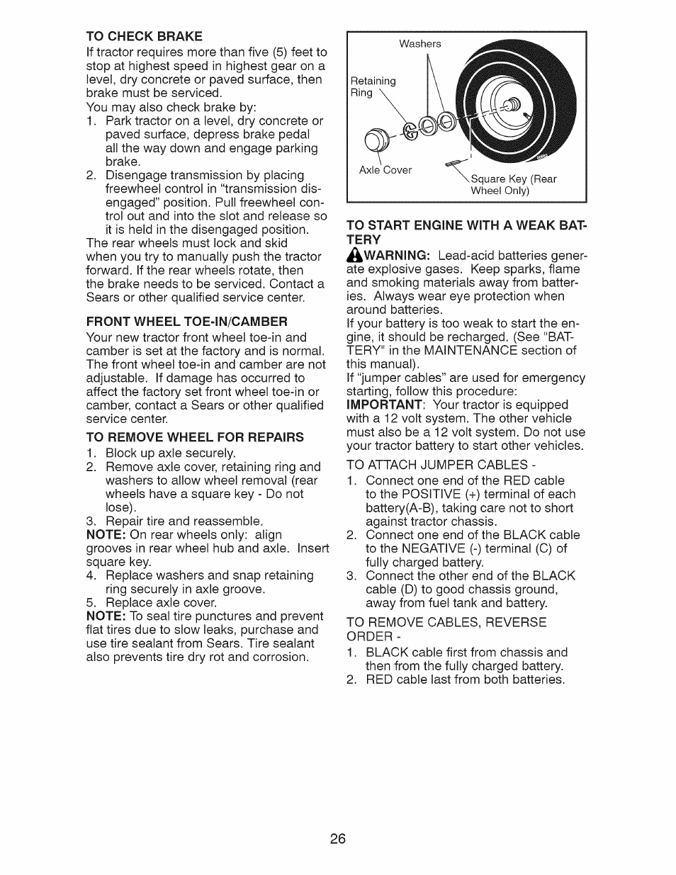 Front wheel toe-in/camber, To remove wheel for repairs, To start engine with a weak battery | Craftsman 917.28927 User Manual | Page 26 / 68