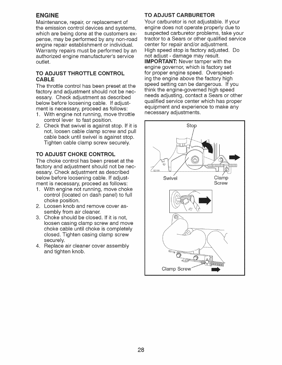 Engine, To adjust throttle control cable, To adjust choke control | To adjust carburetor, Important | Craftsman 917.28927 User Manual | Page 28 / 68