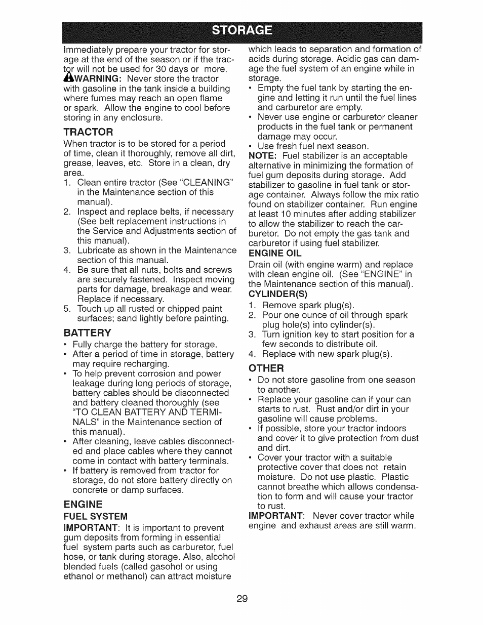 Storage, Tractor, Battery | Engine oil, Other, Engine | Craftsman 917.28927 User Manual | Page 29 / 68