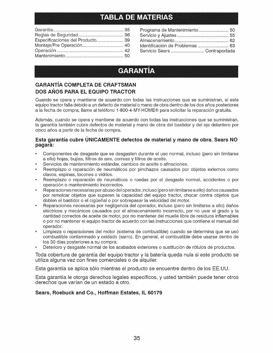 Sears, roebuck and co., hoffman estafes, il 60179, Tabla de materias, Garantía | Craftsman 917.28927 User Manual | Page 35 / 68