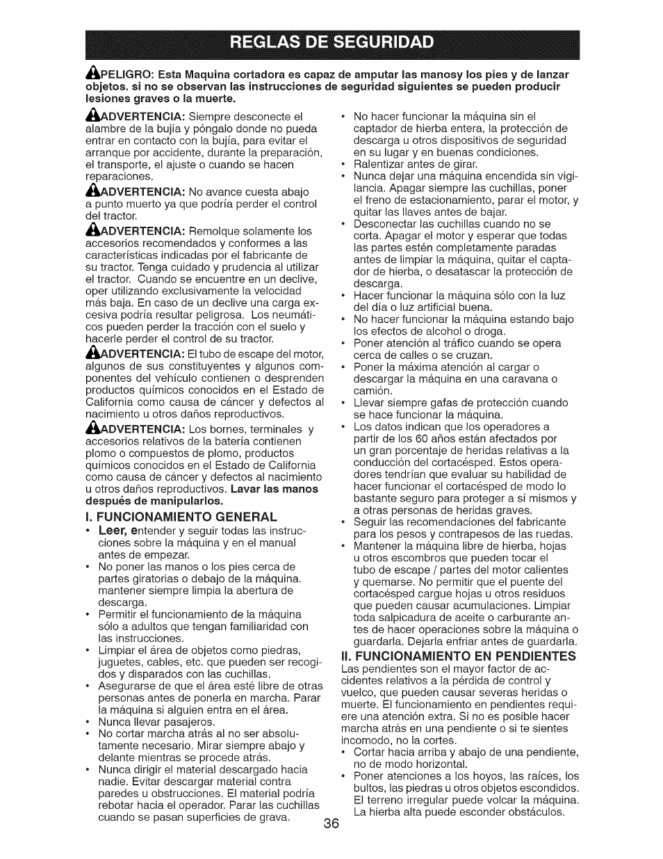 I. funcionamiento general, Ii. funcionamiento en pendientes, Reglas de seguridad | Craftsman 917.28927 User Manual | Page 36 / 68