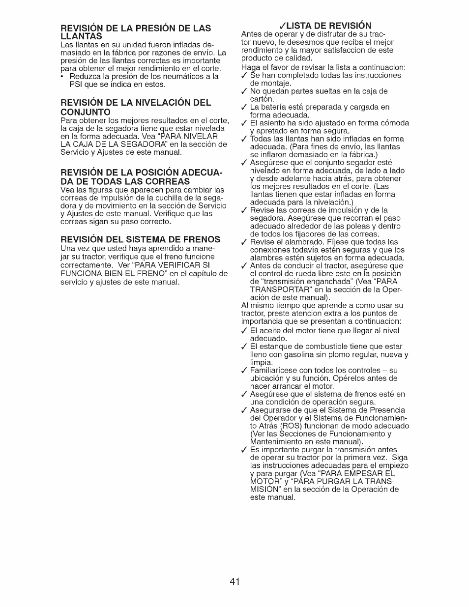 Revisión de la nivelación del conjunto, Revisión del sistema de frenos, Lista de revision | Craftsman 917.28927 User Manual | Page 41 / 68